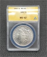 1897 slab Morgan Silver Dollar, ANACS MS62