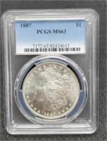 1887 slab Morgan Silver Dollar, PCGS MS63