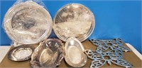 GROUP OF SILVER PLATE TRAYS, TRIVETS