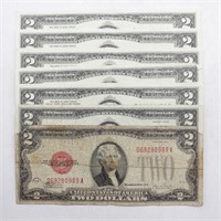 (2) 1928 Red Note $2 Bills & (5) 1995 $2 Bills