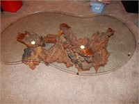 Large Glass Top Coffee Table Burl Wood Root Base