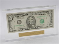 Rose Bowl 1993 $5 Bill Encased in Resin