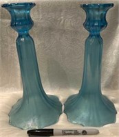 (ST) Blue stretch glass candle stick holders