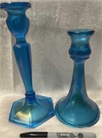 (ST) Blue Stretch glass candlestick holders