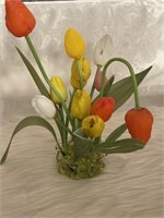 (ST) Collection of glass tulips and flower frog