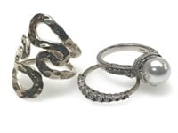 3 Nice Rhinestone & Sterling Rings