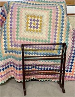 Hand Sewn Block Work Quilt & Spindle Quilt Rack
