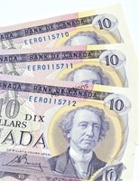 Canada 1971 3 Consecutive 10 Dollar Bills Nice!