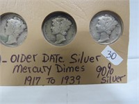 9- Older Dates Silver Mercury Dimes 1917 to 1939