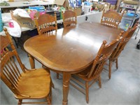 Oak Table, 6 Press-Back Chairs, 78" w/Leaf 60" w/o