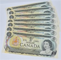 Canada 1973 Seven Consecutive One Dollar Bills!