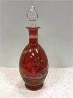 Vintage Red Cut Glass Decanter, 11" tall