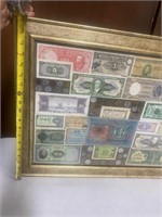 Framed World Banknotes and Coins in a gold frame