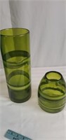 2 heavy glass vase in various shades of green.