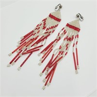 Red Native American Style Fringe Earrings