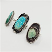 3 Turquoise Rings w/ Imperfections & Signed