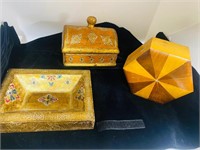 Vtg Lot Of 2 Jewelry Box&Wooden Decorative Dish