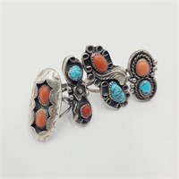 4 Turquoise & Coral Rings - 1 Signed H. L.