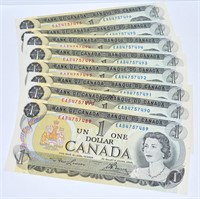 Canada 1973 *8* Very Crisp Consecutive $1 Bills