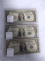 3 silver certif. dollar bills 1935e×2 , 1935 h