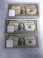 3 silver certif  dollar bills 
1935c, 1957 a×2