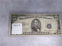 1953 5 dollar silver certificate bill