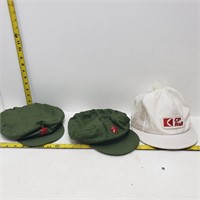 2 military hats, ball cap, & train conductor hat