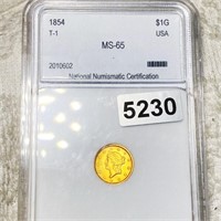 1854 TY1 Rare Gold Dollar NNC - MS65