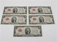 5 UNCIRCULATED CONSECUTIVE RED SEALED $2 BILLS
