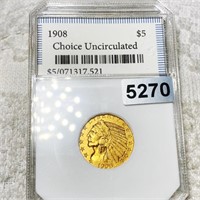 1908 $5 Gold Half Eagle PCI - CHOICE UNC