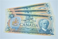 Canada 3 Consecutive Crisp $5 Bills 1979