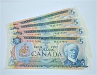 Canada 1972  Four $5 Bills Consecutive Serial Nos.