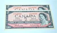 1954 Canada Two Dollar Bill 2 Consecutive Numbers!