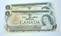 Canada 1973, 2 Consecutive Number $1 Bills
