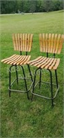 Two metal frame wood slat swivel bar stools, 16
