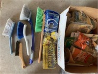 Assortment of cleaning brushes steel wool etc