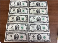 10 Crisp UC 1976 Bicentennial $2 Fed. Res. Bills