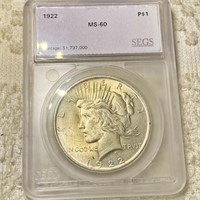 1922 Silver Peace Dollar SEGS - MS60