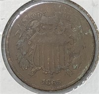 1865 Two cent Piece VG+ 5 curved tip