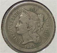 1865 Three Cent Nickel F+
