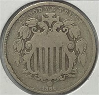 1866 Shield Nickel with Rays VG