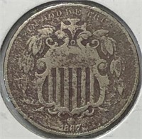 1867 Shield Nickel no Rays F