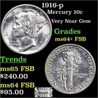 1916-p Mercury Dime 10c Graded Choice Unc+ FSB