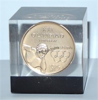 1976 Olympics Montreal Lucite Silver Paperweight
