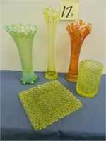 (3) Vasoline Glass Pieces, Green Opalescent Vase &