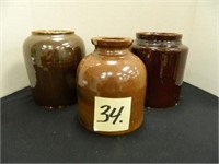 (3) Brown Stoneware Snuff Jars (2 Have Issues)