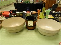 (2) Large Crock Bowls & Small Wood Bucket