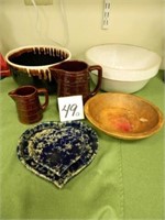 Pottery Bowls, Pitchers, Plates & Wood Bowl