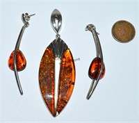 Mid Century Amber Sterling Necklace Earrings