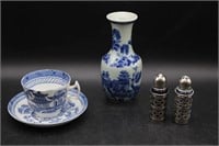Teacup w/ Saucer, Vase, & Blue Glass S&P Shakers